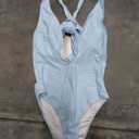 Lilosy Sexy Tie Criss Cross Plunge One Piece Thong Swimsuit High Cut Brazilian Bathing Suit (S, Light Blue)