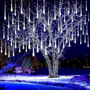 Kwaiffeo Christmas Lights Outdoor, 8 Tubes Meteor Shower Lights LED Snow Falling Icicle Cascading Light for Xmas Tree Wedding Decoration Party, UL Plug, White