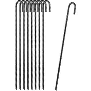 24 Set of 8 Ground Rebar Stakes Heavy Duty J Hook Ground Anchors, Curved Steel Plant Support Garden Stake with Chisel Point end, Hammer Through Hard Soil for Camping Tent - Black Powder Coated