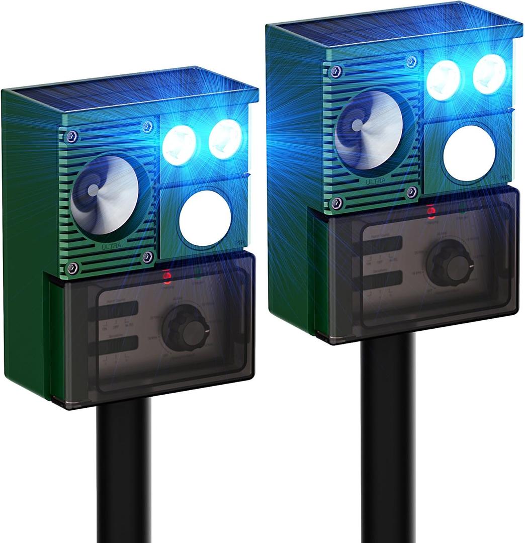 2025 Upgraded Solar Powered Animal Repeller 2 Packs, Ultrasonic Solar Powered Deer Repellent for Outdoor Yard Lawn Repel Squirrel Raccoon Cat Deterrent with Motion Sensor & Flashing Light (2, Green)