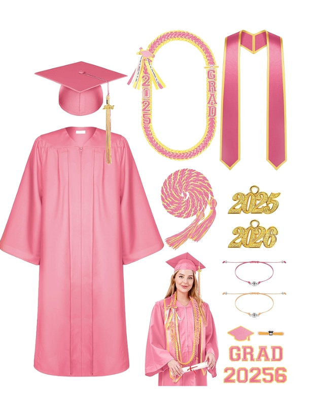 Silicherry 5 Sets Matte Graduation Gown Cap Set with 2025 Tassel Stole Certificate Graduation Gifts Bracelet(24,Pink)