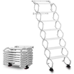 7 Steps Wall Mounted Folding Ladder, Indoor and Outdoor Step Ladders, Retractable Folding Stairs, Portable Camping Staircase, Pull-Down System Attic Ladder, for RV, Storehouse (White, 7 Steps)