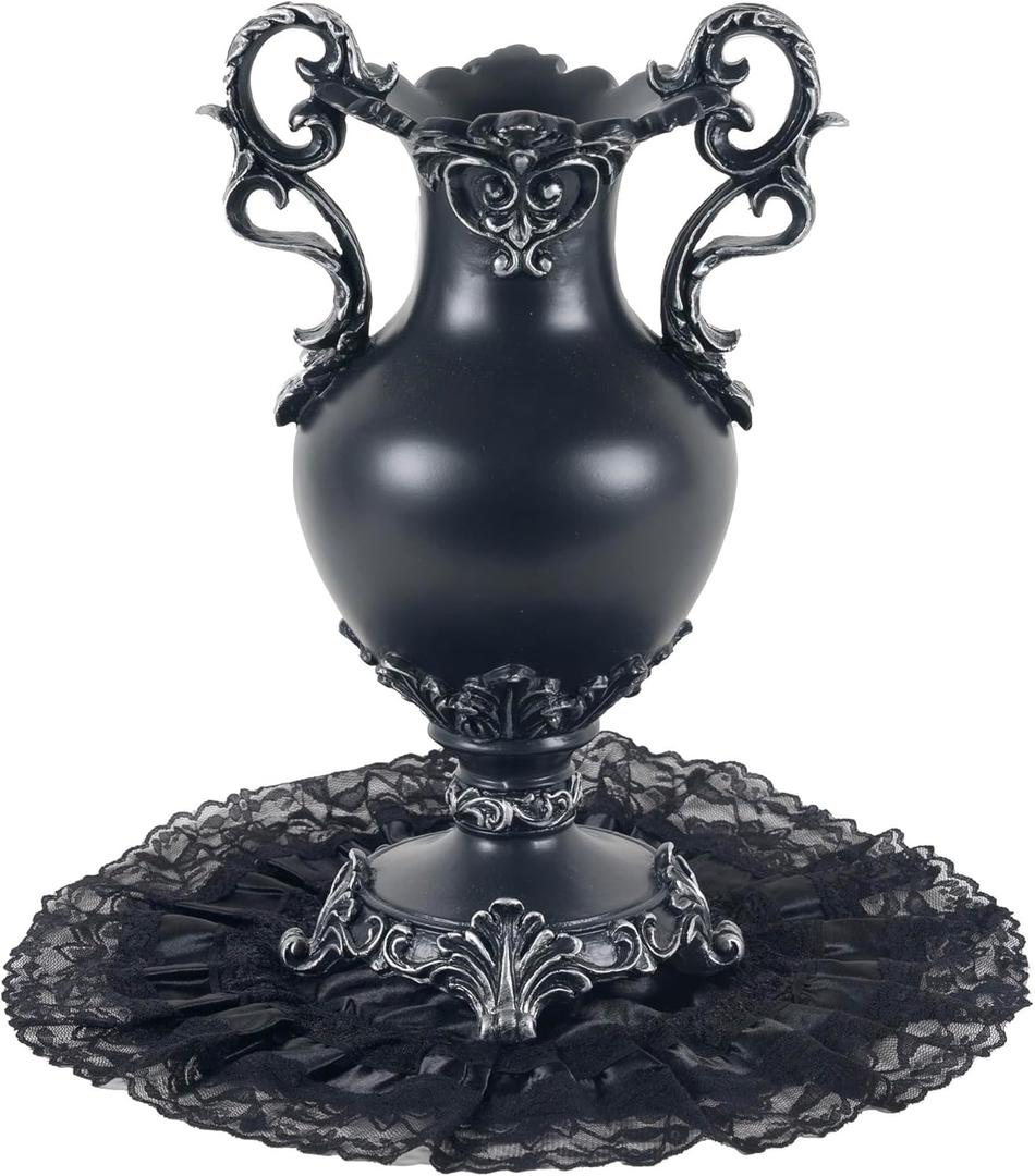 Gothic Victorian Resin Vase with Lace Doily  Waterproof 14" Black/Silver Vase for Fresh and Artificial Flowers  Goth Home Decor, Gift, Black Wedding or Halloween Table Centerpiece