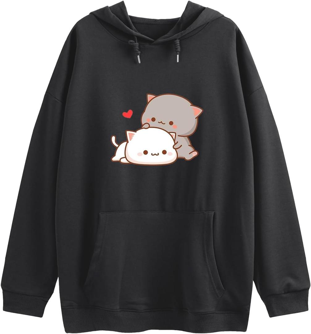Wrenpies Cute Cat Graphic Hoodies Aesthetic Hooded Sweatshirts for Teen Girls Kawaii Cartoon Anime Lightweight Pullover Tops (Black, L)