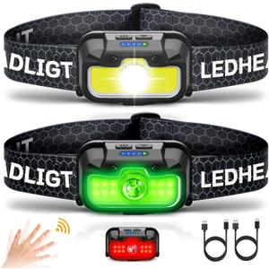 Headlamp Rechargeable 2 Pack, 1300 Lumen Ultra-Bright Head Lamp with Red Light, Waterproof Motion Sensor Head Lights for Forehead with White Green, 14 Modes Adjustable Headlight for Camping (Cool Black)
