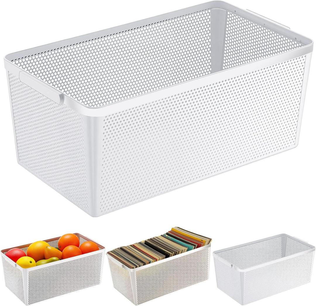 Shimeyao 4 Pcs Wire Mesh Baskets 12.6 x 7.1in Metal Wire Storage Baskets With Handle Steel Organizers Bin Containers For Home Organizing Cabinet CD Storage Pantry Kitchen Fridge Fruit Snacks (White)