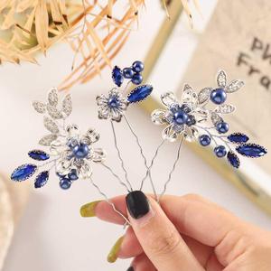 Casdre Crystal Bride Wedding Hair Pins Silver Pearl Bridal Hair Pieces Flower Hair Accessories for Women and Girls(Pack of 3) (B Blue)