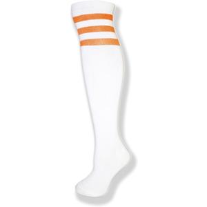 Unisex White Knee High Tube Socks - Three Various Colored Stripes (One Size, White With Neon Orange)