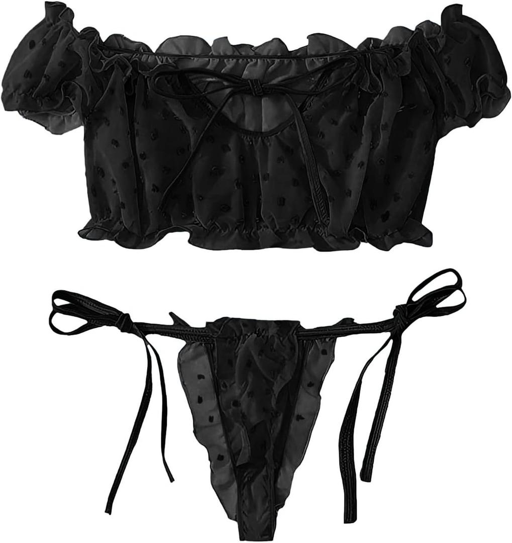 Lilosy Sexy Stretch Ruffle Tie Sheer Mesh Lingerie Set Outfits (Medium, Chiffon Black) Lilosy Sexy Stretch Ruffle Tie Sheer Mesh Lingerie Set Outfits (Medium, Chiffon Black)