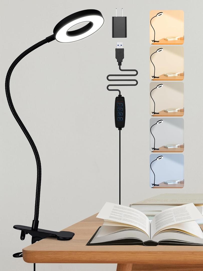 Clip on Lamp,5 Colors+10 Brightness LED Desk Lamp with Clamp,550lm Bright Clip on Light for Bed Headboard/Bedside Table,360Adjustable Reading Light for Bed,Desk Lights for Home Office Study [Adapter]