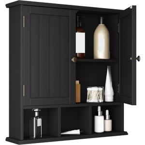 ChooChoo Bathroom Cabinet Wall Mounted 2-Door with 3 Open Shelves， Wooden Medicine Cabinets with Adjustable Shelf，Space Saver Storage Cabinets Over The Toilet for Bathroom&Living Room, Black