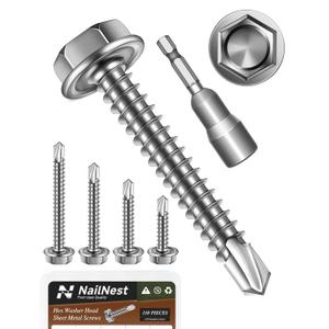 110PCS #8 Self Drilling Screws Assortment Kit, 5 Common Size Self Tapping Screws for Metal, 410 Stainless Steel Hex Washer Head Sheet Metal Screw, Bright Finish (Silver)