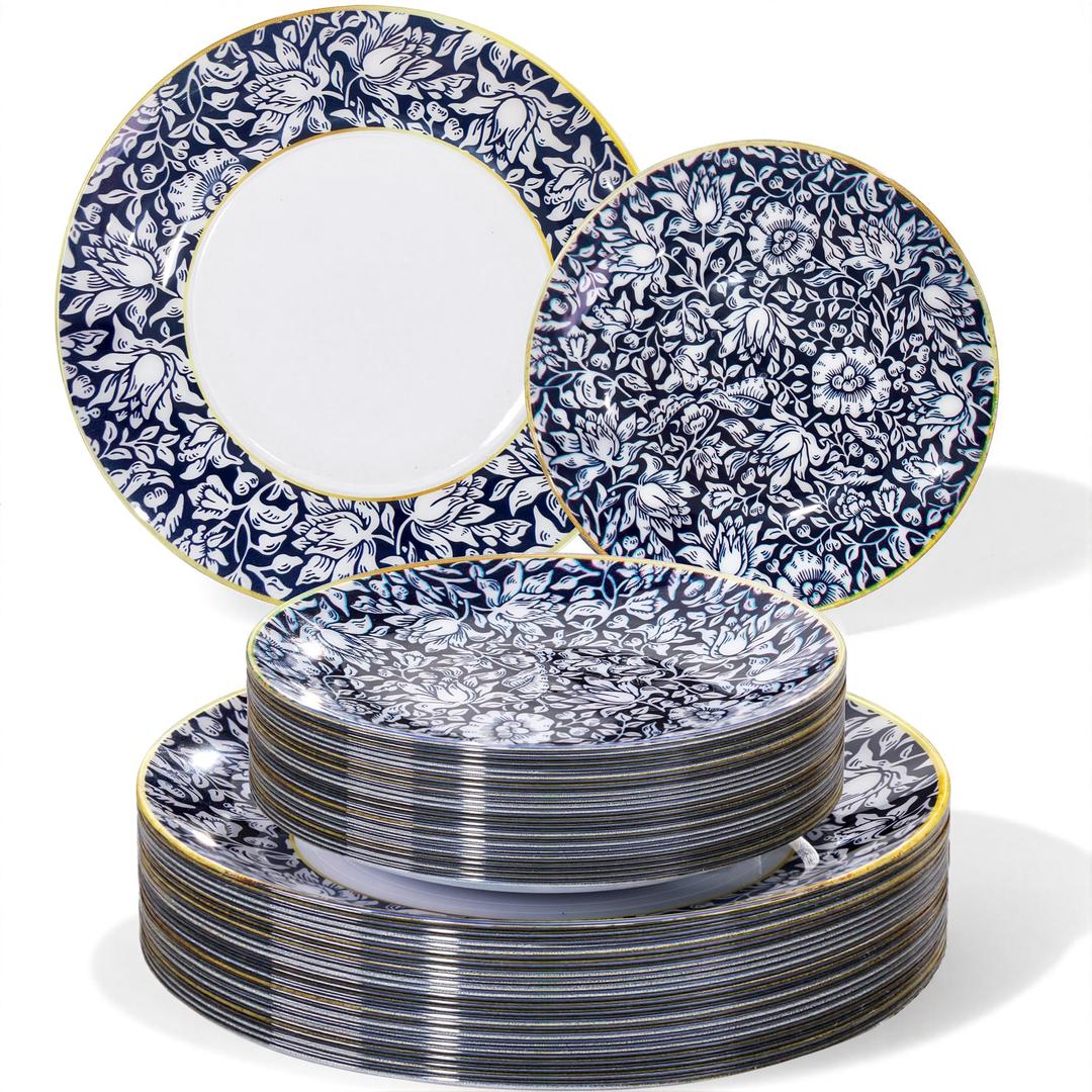 Hioasis 60pcs Plastic Disposable Plates Set - Blue & White Floral Pattern with Gold Rim, 10.25 Dinner & 7.5 Dessert Plates for Wedding,Anniversary,Party and Holiday