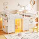 Low Loft Bed Twin Size with 7 Storage Drawers, Desk and LED Lights, Heavy Duty Metal Kids Loft Bed with 13.8" H Safety Guardrail, Anti-Collision Pad, Private Play Curtain, Under-Bed Play Space - Beige