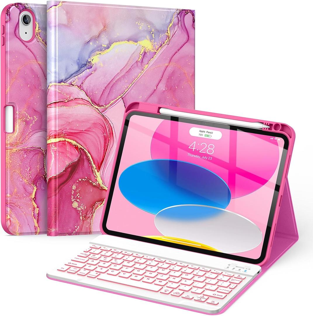 Soke for iPad (A16) 11th/10th Generation Case with Keyboard(2025/2022)-7 Color Backlight Wireless Detachable Folio Keyboard Cover with Built-in Pencil Holder for iPad 11/10.9 inch, HotPink Marble