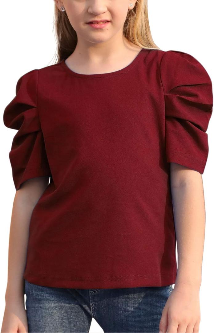 GORLYA Girl's Puff Sleeve Casual Solid T-Shirt Pullover Keyhole Back Blouse Tops for 4-14T Kids