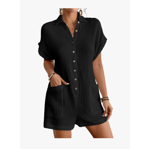 Bsubseach Womens Rompers For Summer 2025 Shorts Jumpsuit Short Sleeve Button Down Romper With Pockets Beach Vacation Outfits L, Black