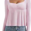 OMKAGI Cute Peplum Babydoll Tops for Women Going Out Double Layer Long Sleeve Shirts (Pink, S)