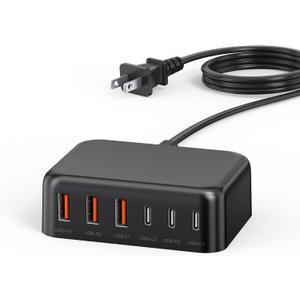 USB C Fast Charger, 100W GaN 6 Port Type C Charging Station Hub Block Cube, USB C Wall Charger Power Strip Adapter Plug for iPad iPhone 17 16 15 14 13 12 Pro Max Pixel Note Galaxy, 5ft Cord