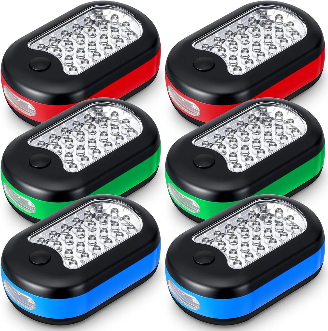 6 Pack Portable Magnetic Work Light with Hanging Hook, LED Work Light Rotatable Hook, Magnetic Back & Push Button for Car Repairing, Emergency, Hiking, Camping (Red, Blue, Green)