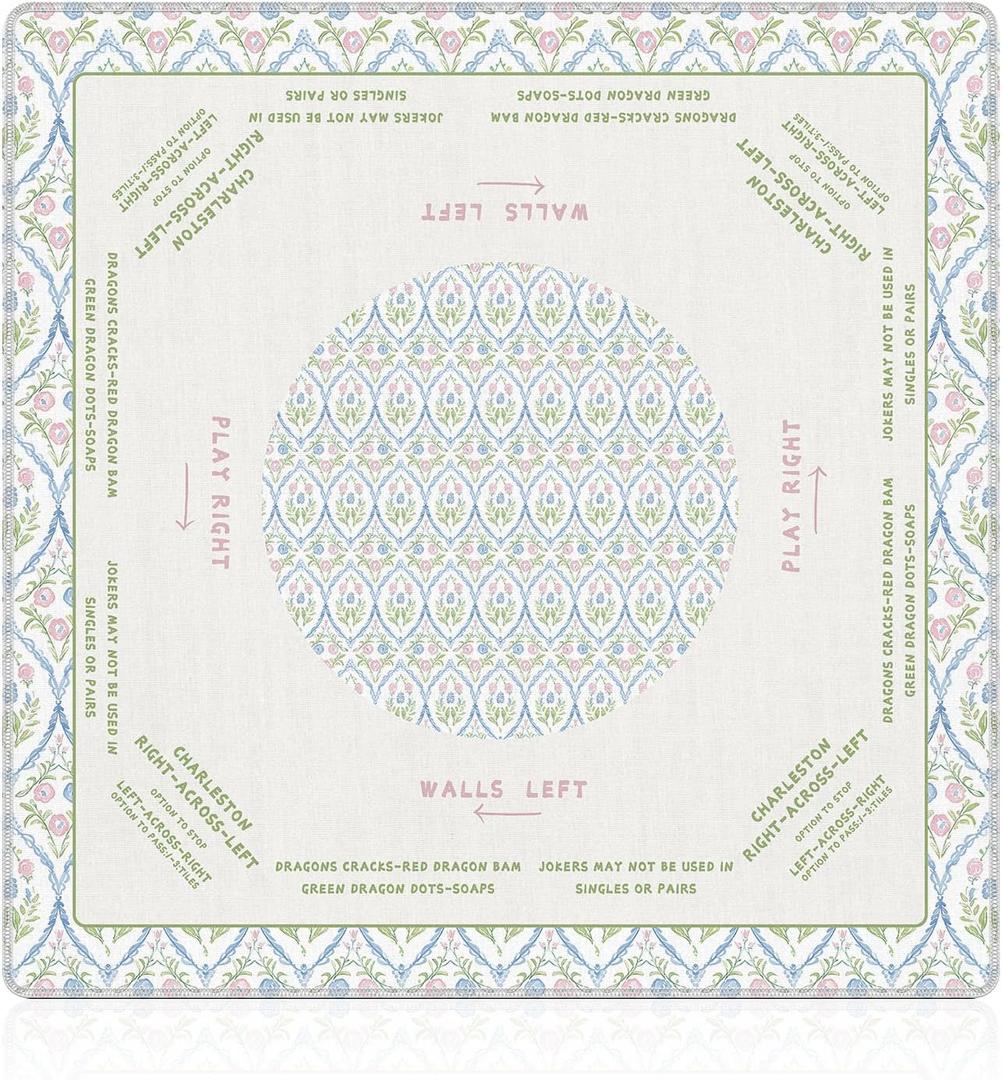 WHCHJ Grandmillennial Pink and Blue Floral Mahjong Mat 31.5x31.5″, Green Chinoiserie Non-Slip Noise Reduction Mahjong Table Mat for American Mah Jong Poker Board Games Card Games Dominoes