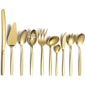 Berglander Gold Serving Utensils 10 Pieces, Titanium Golden Plating Serving Spoons, Included Cake Knife Cake Server Serving Forks Sugar Spoon Salad Spoon Forks Butter Knife Gravy Ladle etc.