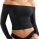 YEOREO Sophie Women Off Shoulder Long Sleeve Shirts Double Lined Basic Undershirt Y2K Going Out Tops (Black, S)