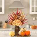 2 x Artificial Fall Flowers with Metal Pot, Orange Silk Fall Leaves Stems with Hydrangea Berry Branches & Eucalyptus for Autumn Thanksgiving Table Centerpiece Decor (Red and Orange)