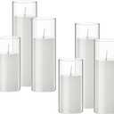Shihanee Set of 6 Pillar Candles and Glass Cylinder Vases Clear Cylinder CandleHolders for Slim Tall Pillar Candles Wedding Centerpieces (3.4'' X 7", 9.8", 11.8", White)