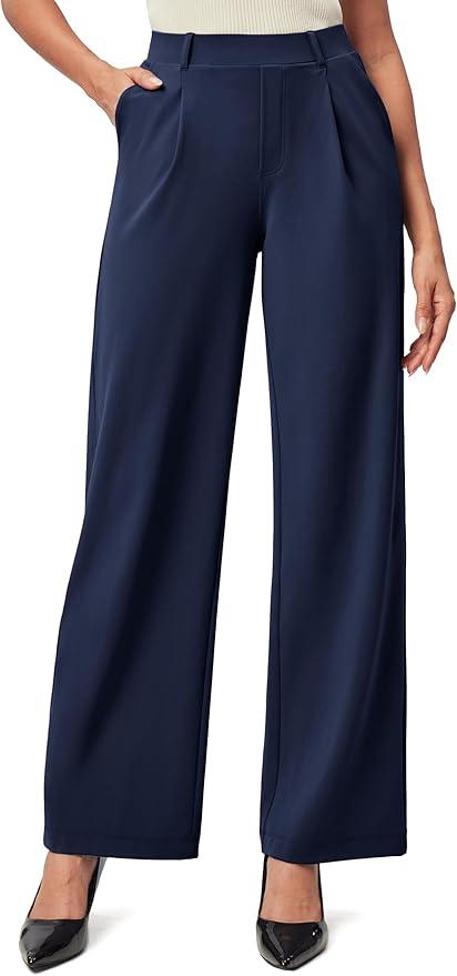 IUGA Womens Dress Pants Wide Leg Pull On Stretchy Work Pants Women High Waisted Business Casual Trousers with Pockets Size S
