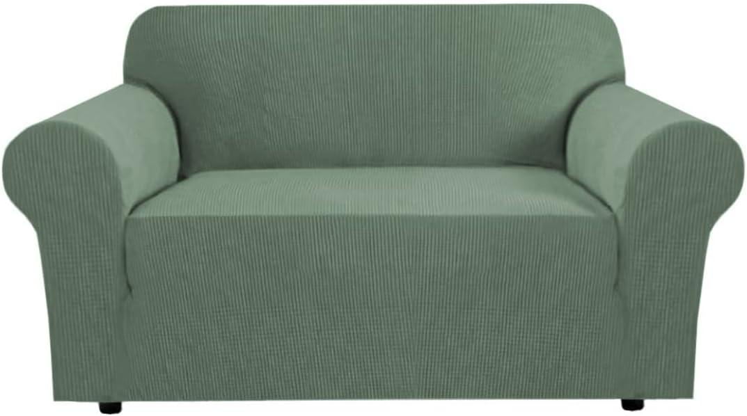 H.VERSAILTEX Stretch Couch Cover Loveseat Covers for 2 Cushion Couch Dog Couch Cover 1 Piece with Elastic Bottom, Textured Checked Jacquard Fabric(Loveseat 58"-70" Wide, Loden Frost)