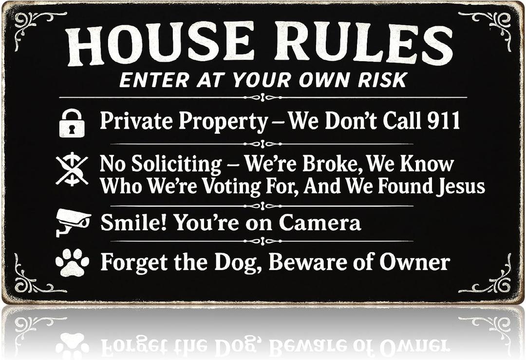 2 x 4-in-1 Funny Metal Sign for Porch  No Soliciting, Private Property, On Camera, Beware of Owner  Durable Weatherproof Aluminum Plaque for House Door or Yard, 712 Inch