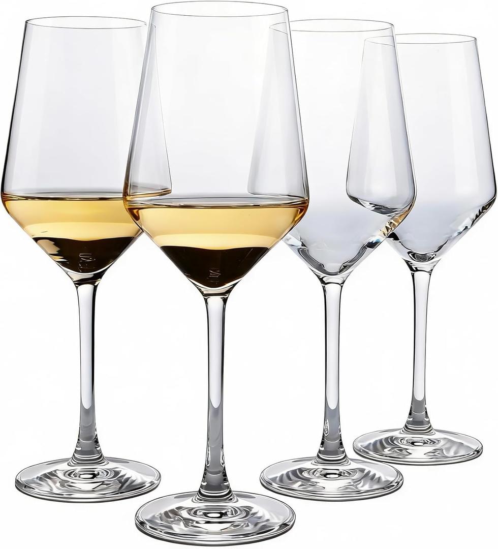 Wine Glasses Set of 4, Sturdy Crystal Wine Glasses for White wine, 14oz Modern Wine Glasses with Thin Rim, Short Stem, Gifts for birthday, housewarming, wedding, Valentine's Day
