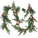 Winemana 6 FT Pre-lit Artificial Christmas Garland with 20 LED Lights, Battery Powered with Pine Cones, Red Berries, Pine Needles, Lighted Christmas Garlands for Fireplace Mantle Holiday Decorations