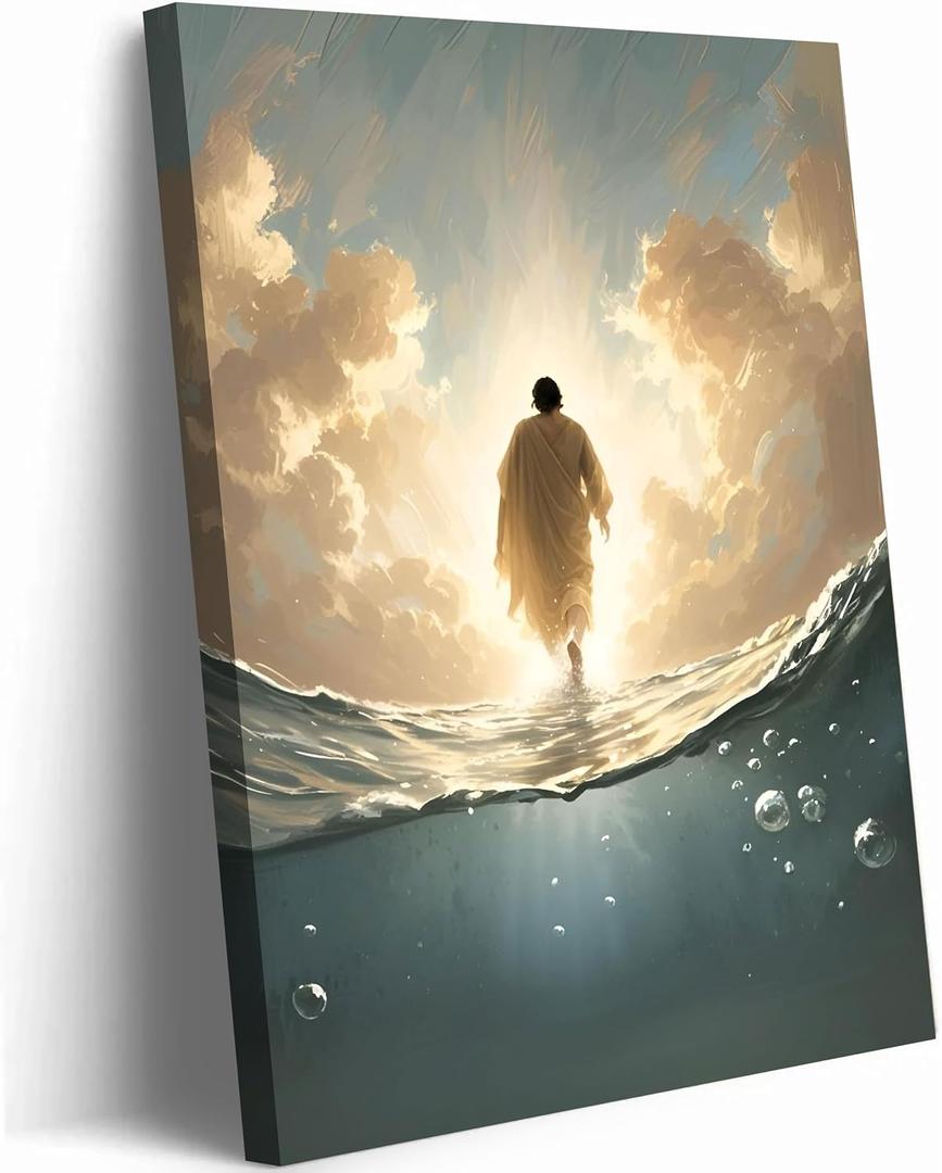 RDXLTOFO Jesus Walking on Water Canvas Wall Art Christian Faith Religious Picture Prints Inspirational Jesus Artwork for Home Church Prayer Room Home Decor Ready to Hang, 36"L x 24"W