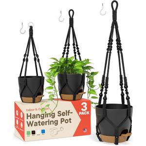 Black Hanging Self Watering Pots with Macrame Black Rope, 3 Pack Indoor & Outdoor Hanging Plant Pots with Built-in Reservoir, Wick Rope, Drainage Holes & Hooks, Stylish Boho Decor Hanging Planter