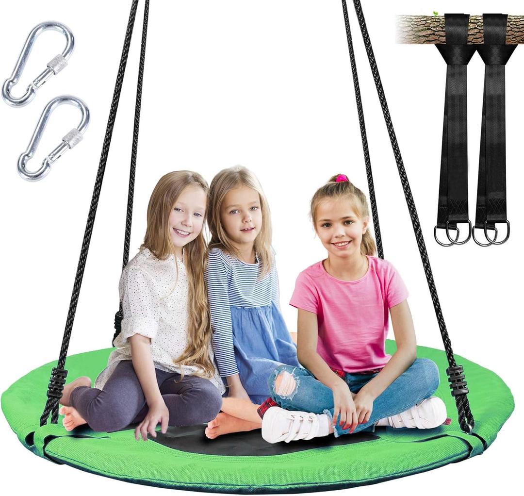 40 Inch Saucer Tree Swing for Kids, Outdoor Round Swing with Hanging Straps & Adjustable Ropes, Easy Assembly (Green)