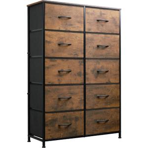 WLIVE Tall Dresser for Bedroom with 10 Drawers, Fabric Dresser for Closet, Storage Tower with Cabinet, Metal Frame, Rustic Brown Wood Grain Print