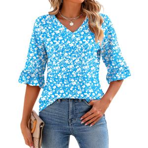 LOMON 3/4 Length Sleeve Womens Tops Summer V-Neck Blouses Spring Ruffle Sleeve Tunic T-Shirts Dressy Casual (Large, Blue White Floral)