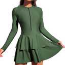 ZAFUL Women's One Piece Rash Guard Long Sleeve Modest Swimsuits Dress Zipper Bathing Suit Swimskirt (0-army Green) Medium