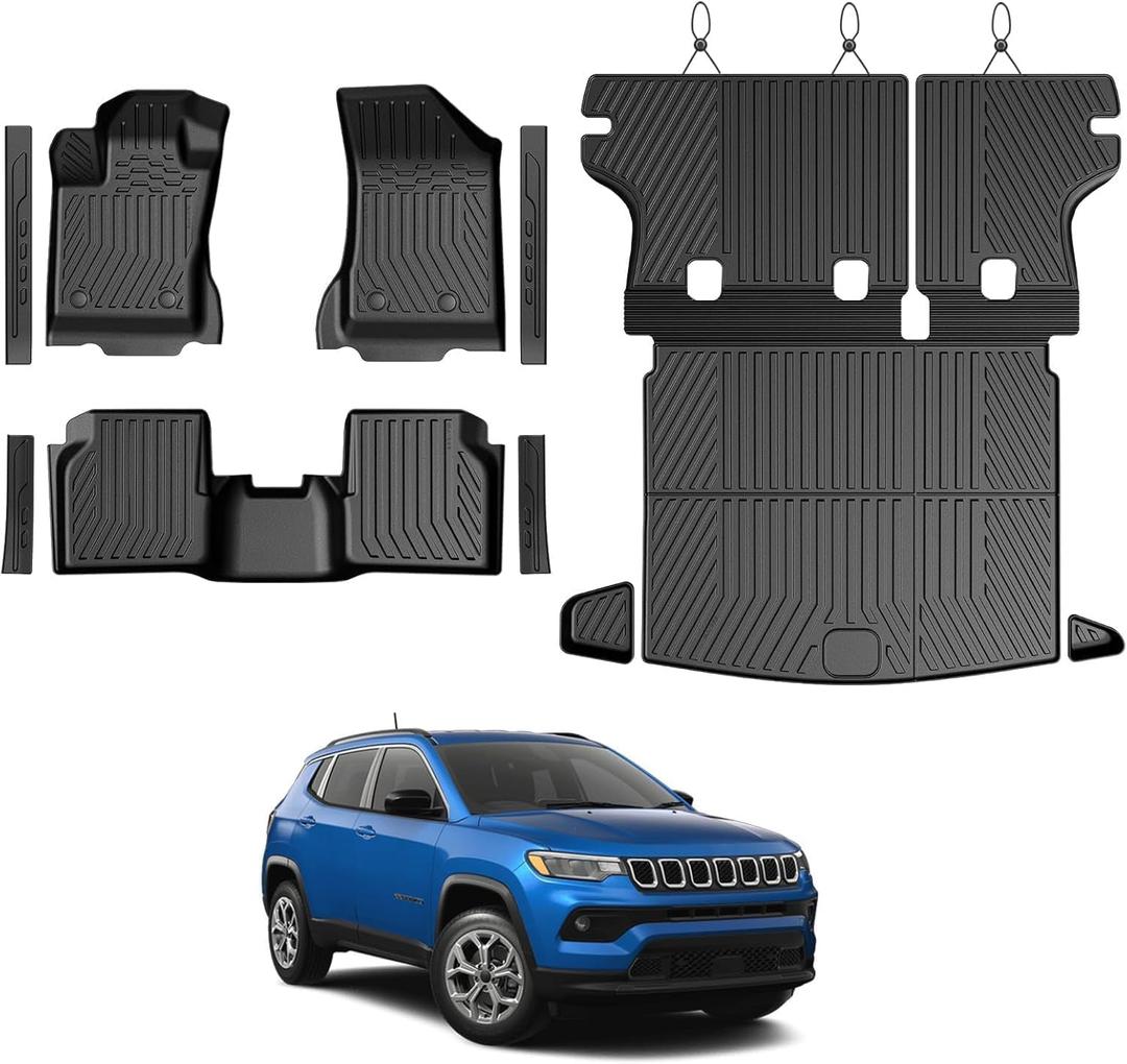 Floor Mats Cargo Mat Set for Jeep Compass 2017-2025 2026 (Fit New Body Style 2nd Generation), All Weather TPE Cargo Liner Backrest Mat Trunk Mat Door Sill Guards Accessories