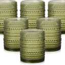Vintage Glassware Drinking Glasses Set of 6,12 oz Hobnail Glass Cups,Embossed Green Water Tumbler,for Beer,Cocktail,Whiskey,Juice and Various Mixed Drinks- 1 Cleaning Brush (12oz Green)