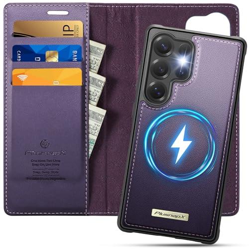 PlusnapX Wallet Case for Samsung Galaxy S25 Ultra Compatible with Magsafe, 2-in-1 PU Leather Flip RFID Blocking Card Holder Stand Shockproof Magnetic Detachable Cover for Galaxy S25 Ultra, Purple
