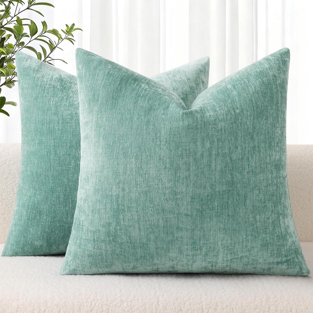 decorUhome Chenille Aqua Haze Throw Pillow Covers 18x18 Inch Set of 2, Decorative Soft Couch Pillow Covers Solid Dyed Accent Velvet Farmhouse Neutral Square Pillow Cases for Sofa Bed Living Room