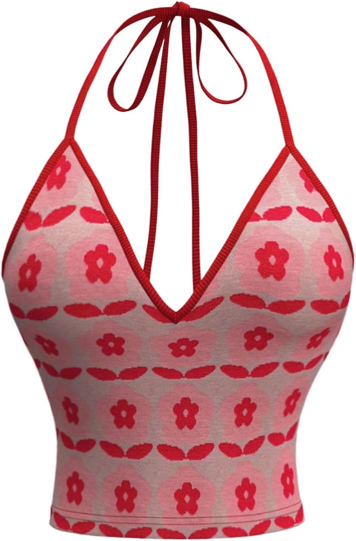 MakeMeChic Women's Floral Halter Crop Tops V Neck Tie Open Back Sleeveless Y2k Tank Tops (Red, M)