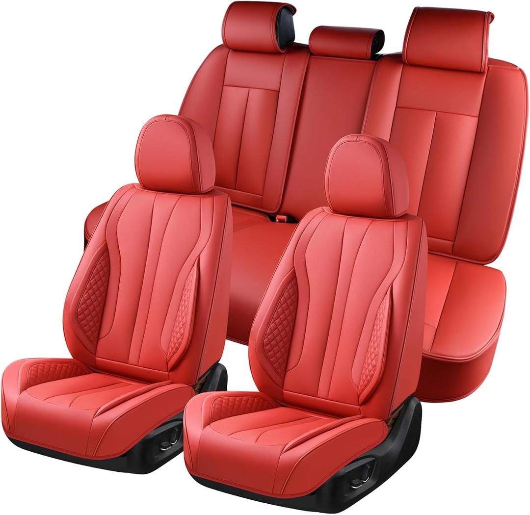 KEYOOG 5-Seater Car Seat Covers Full Set, Fit for Front and Rear Seats of Cars, Waterproof and Breathable Nappa Leather, Compatible with Airbags, Car Seat Protector Covers for Most Cars - Red