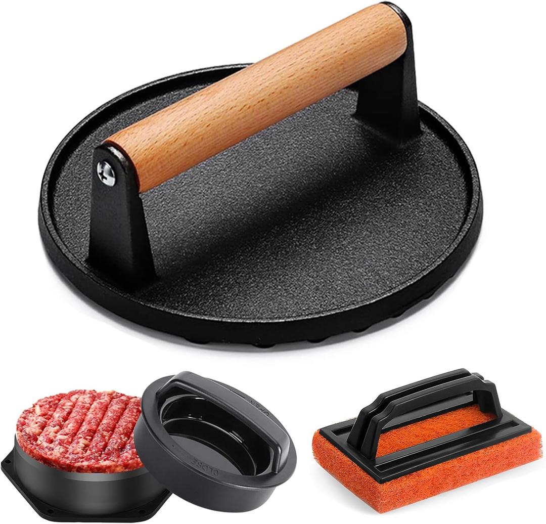 Smash Burger Press kit, Heavy-Duty Cast Iron Round Grill Bacon Press with Wood Handle, 3 in 1 Hamburger Press Patty Maker Tools, Cleaning Pad Set for Blackstone Griddle Flat Top Cooking