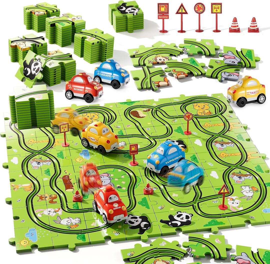 Bennol Toddler Toys Gifts for 2 3 4 5 Year Old Boys, 73 Jigsaw Puzzle Race Track Car Set Toys for Kids Boys Toddlers 1-3 2-4 3-5 4-6, Puzzle Tracks Car Toys Gifts for 2 3 4 5 Year Old Boys Kids