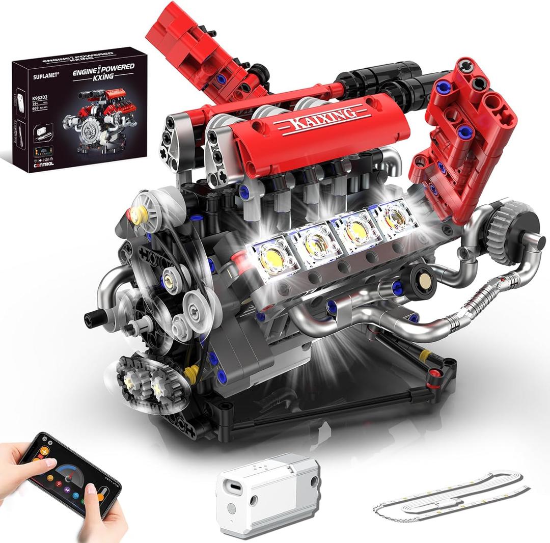 Mini V8 Engine Building Kit That RunsEngine Building Blocks with LED Light for Adults, Visible Engine Model Set Construction STEM Toy for Kids Boys (660 PCS)