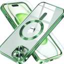 Misea Magnetic for iPhone 15 Case Compatible with MagSafe [Never Yellowing] [Military Grade Drop Protection] Full Camera Lens Protector Plating Soft Clear Phone Case for Women, Green